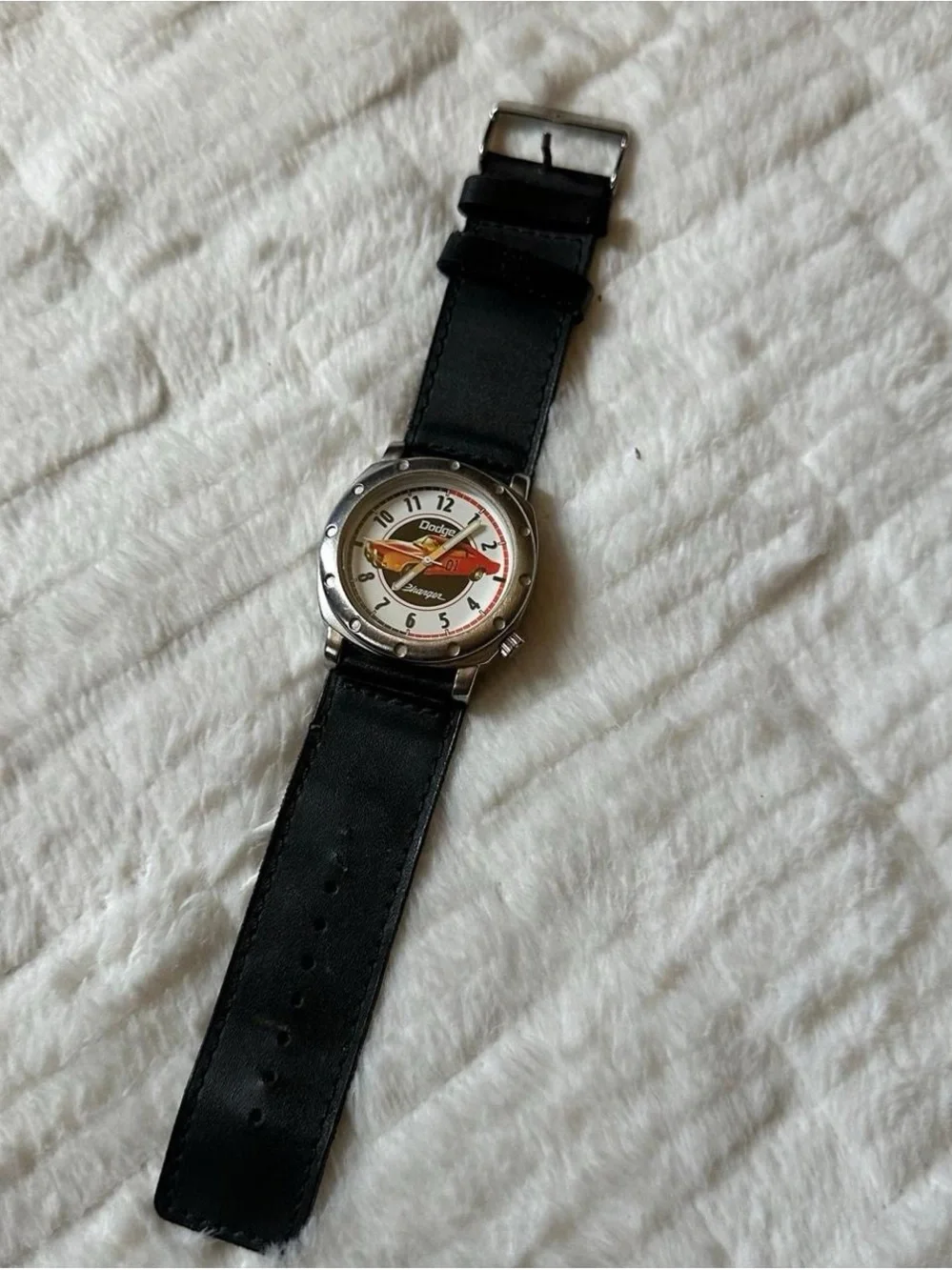 Vintage Dodge Charger Men's Black Leather Strap Watch - Red Accent